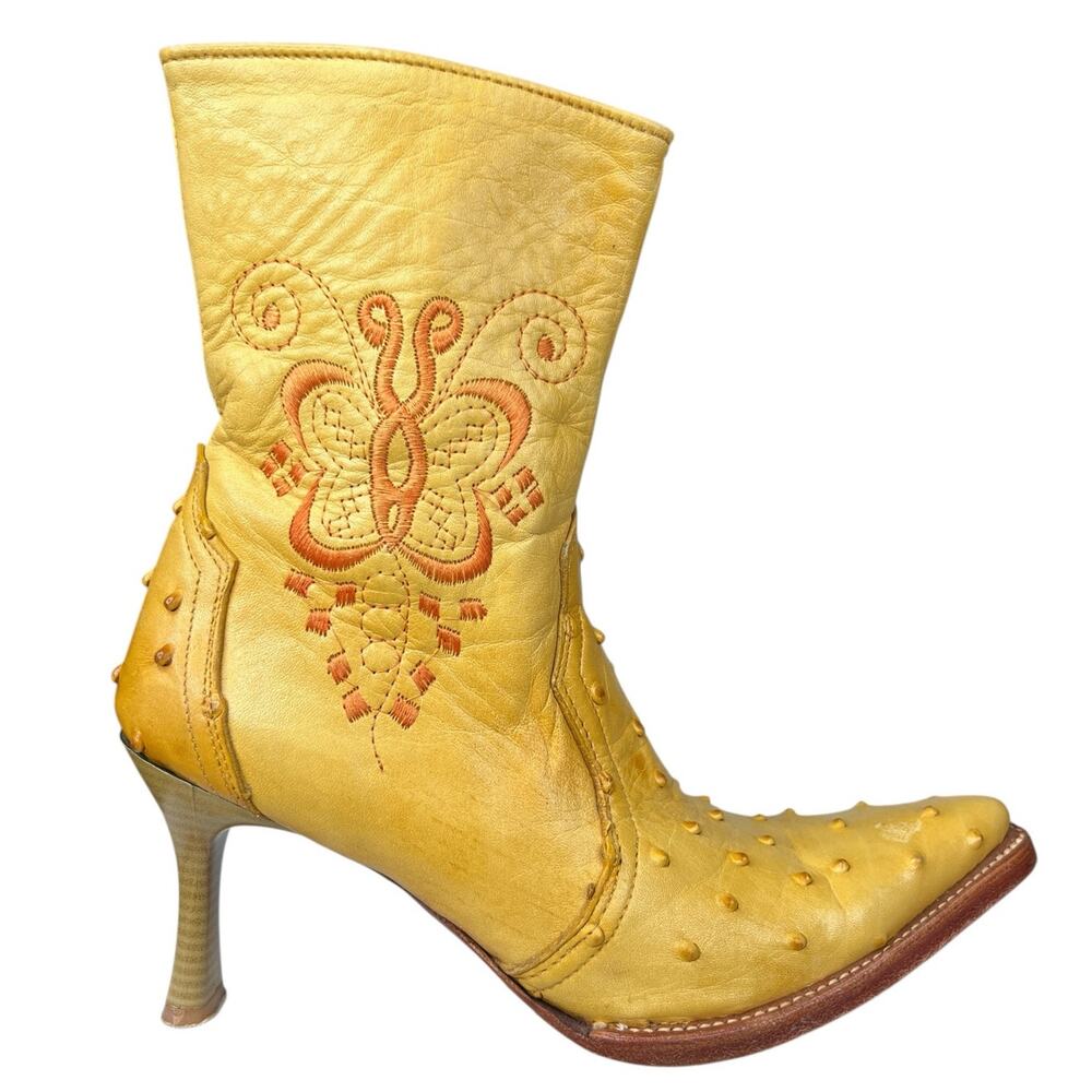 Vintage Calidad De Exportacion Yellow Ostrich Western Ankle Boots Size US 6.5